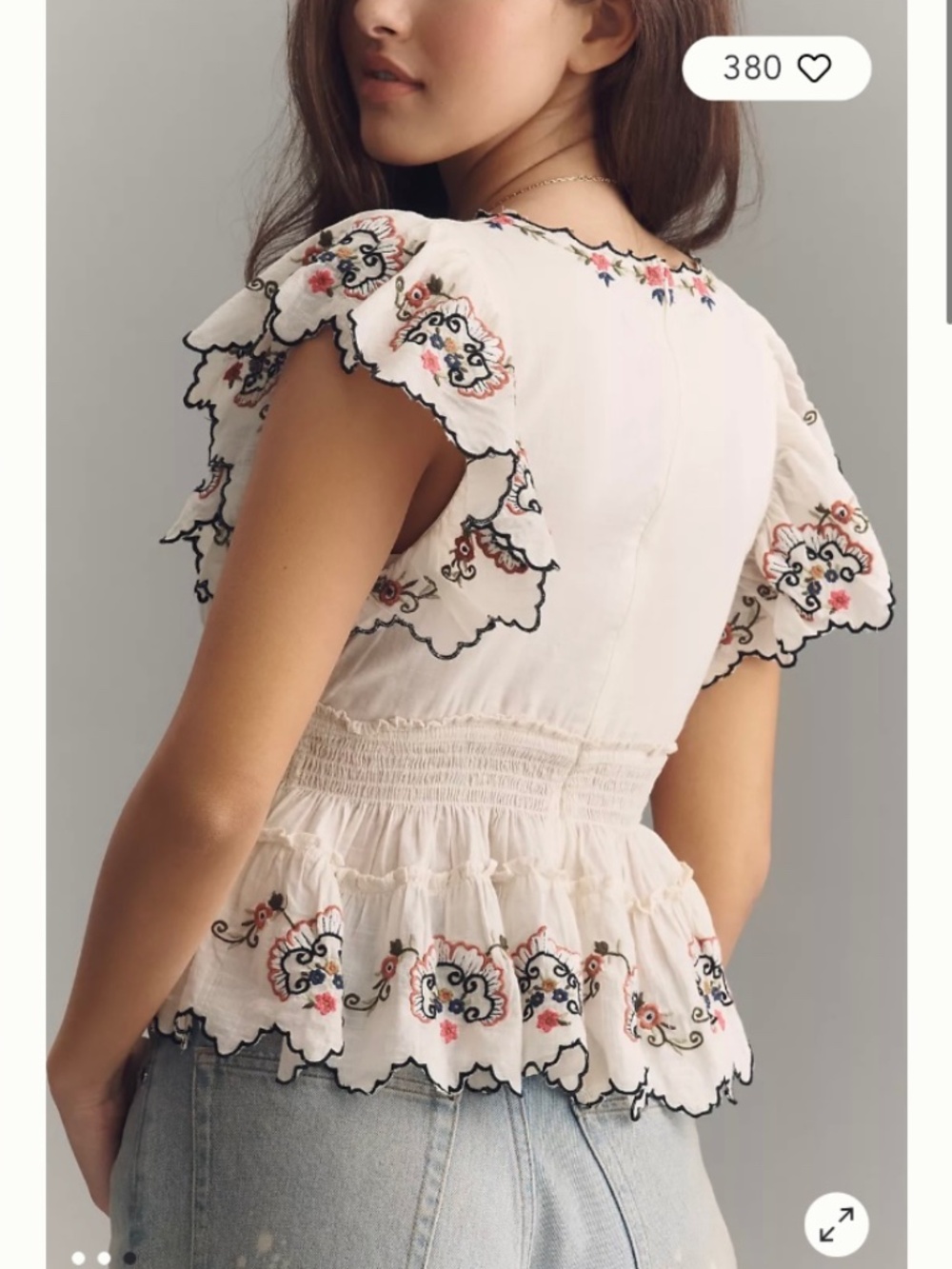 By Anthropologie Embroidered Flutter-Sleeve Top